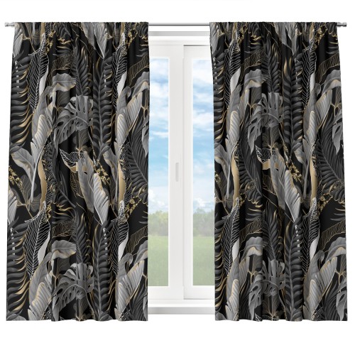 Zasłona półzaciemniająca czarna z motywem liści 140x160 na taśmie  - 12761