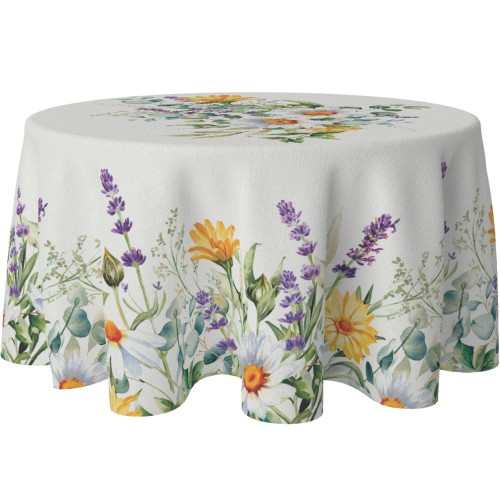 Obrus okrągły 150 biały  z motywem kwiatowym    - 14502