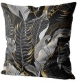 Poszewka dekoracyjna czarna z motywem szarych tropikalnych liści 45x45 WELUR - 15749