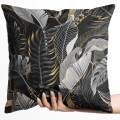 Poszewka dekoracyjna czarna z motywem szarych tropikalnych liści 45x45 WELUR - 15750