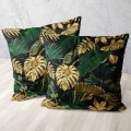 Poszewka dekoracyjna czarna z nadrukiem tropikalnych zielonych liści 45x45 WELUR  - 15763