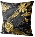 Poszewka dekoracyjna czarna z nadrukiem tropikalnych szarych liści 45x45 WELUR  - 15767