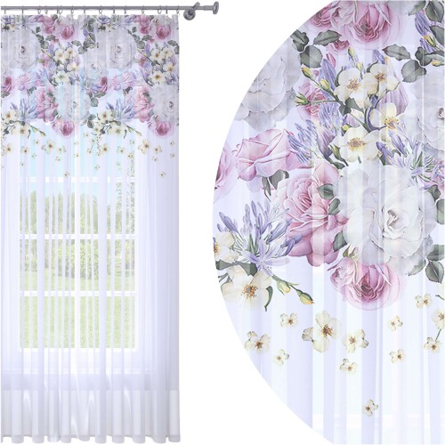 Firana gotowa woal  pastelowe kwiaty 140x250 na żabki   - 5444