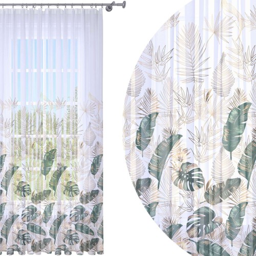 Firana gotowa woal  liście monstera 140x250 na żabki     - 5489