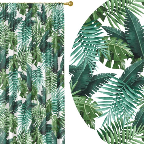 Zasłona półzaciemniająca z nadrukiem tropikalnych zielonych liści, 140x270 cm, na taśmie 